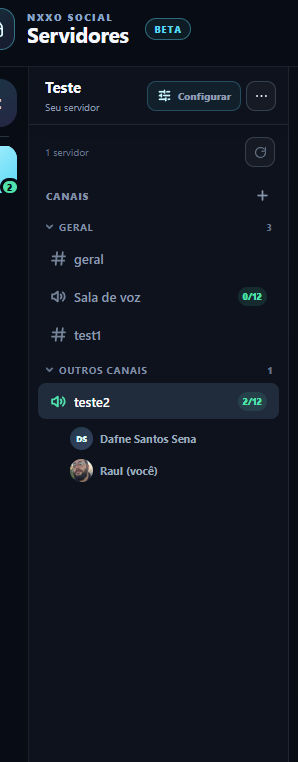 Canais e participantes de um servidor no NXXO