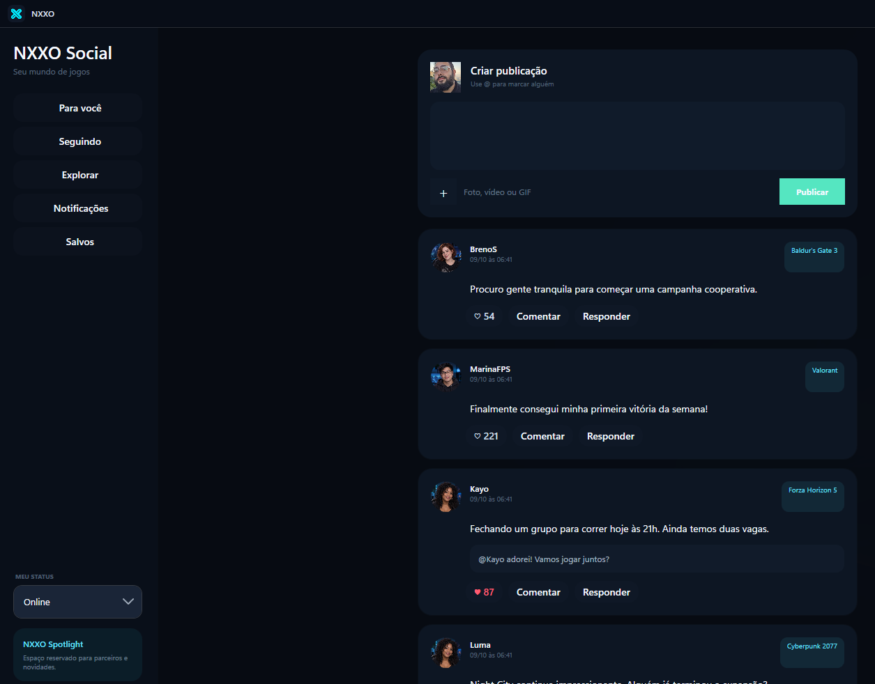 Feed social atual do NXXO