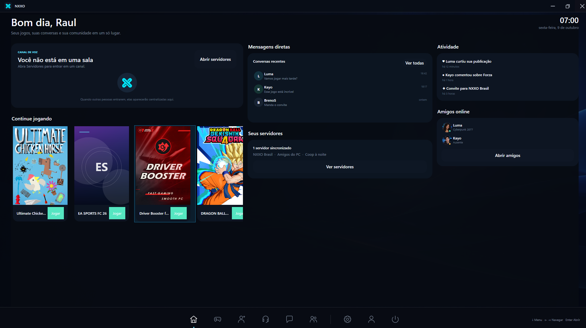 Dashboard atual do NXXO com jogos, conversas, servidores e amigos